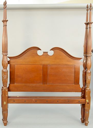 Leonards custom mahogany queen size, tall four post bed having flame finials, signed Leonards Seakonk Ma. ht. 92 in., wd. 65 in. 