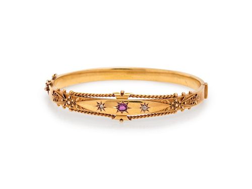 Etruscan Revival, Gold, Ruby and Diamond Bangle Bracelet