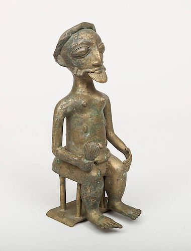 Baule Brass Figure of a Seated Man and Two Figures of Seated Females, Ivory Coast