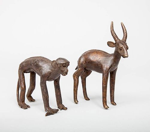 Baule Brass Figure of an Antelope and a Monkey, Ivory Coast