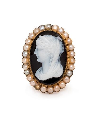 Antique, Sardonyx Cameo and Seed Pearl Ring