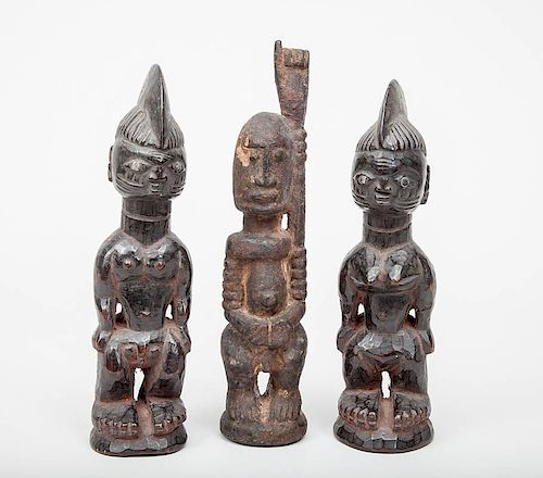 Nigerian Carved Wood Pair of Twins and a Dogon Male Figure