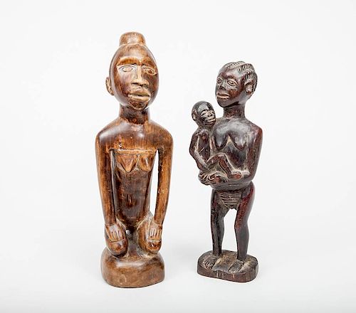 Luba Zaire Carved Wood Woman and Child and a Carved Wood Kneeling Figure