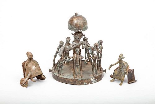 African Brass Group of a Chieftan and Ten Warriors and Two African Metal Seated Figures
