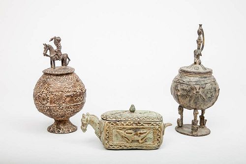 Two African Bronze Ovoid Bowls and Covers and a Horse-Form Vessel and Pierced Cover
