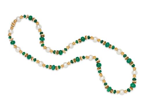 Diamond, Emerald, and Cultured Pearl Necklace