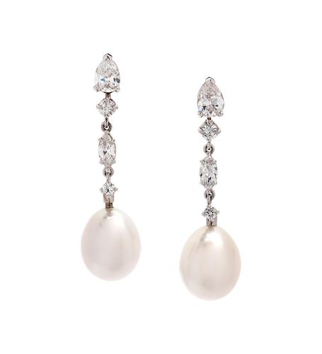 Platinum, Diamond and Cultured Pearl Earclips