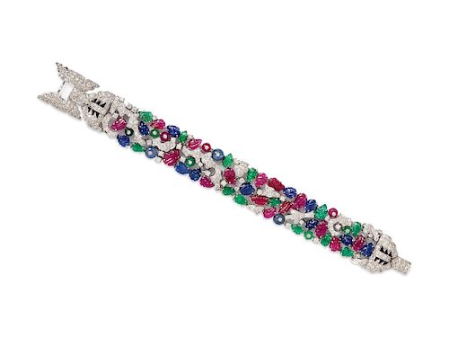 Diamond, Carved Emerald, Ruby and Sapphire Bracelet