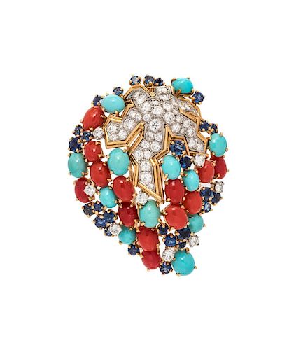 Diamond, Sapphire, Turquoise, and Coral Brooch