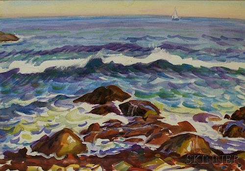 Joseph Margulies (American, 1896-1984)      Coast with Rocks and Sailboat.