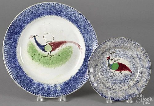 Two blue spatter plates with peafowl decoration, 6 1/4'' dia. and 9 1/2'' dia.