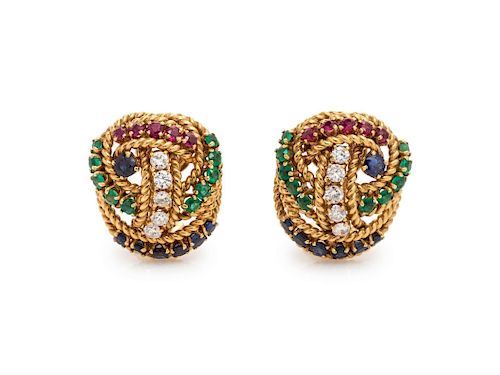 Diamond, Ruby, Sapphire and Emerald Knot Motif Earclips