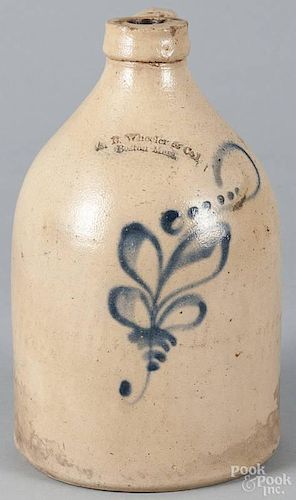 Stoneware jug, 19th c., marked A. B. Wheeler & Co/ Boston Mass, decorated with a cobalt fern