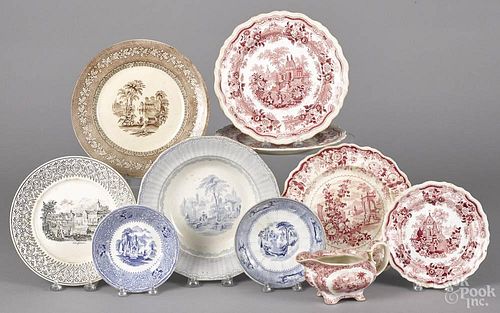 Ten pieces of transfer decorated ironstone, 19th c., to include a creamer, two saucers, six plates