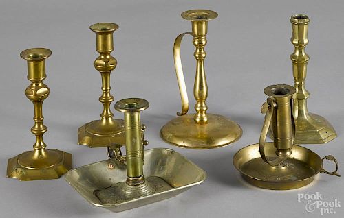 Six brass candlesticks, 20th c., 7 3/4'' h.
