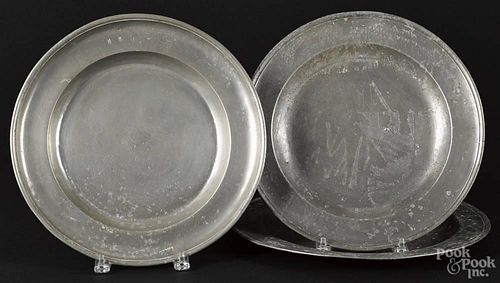 Three English pewter chargers, 19th c., one marked Townsend & Compton, 13 1/2'' dia. and 15'' dia.
