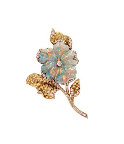 Opal, Colored Diamond and Diamond Flower Pendant