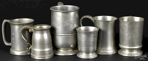 Six pewter measures and tankards, one market Swatow, tallest - 6 1/4''.