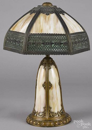 Slag glass lamp, early 20th c., shade and base likely associated, 23 1/2'' h.