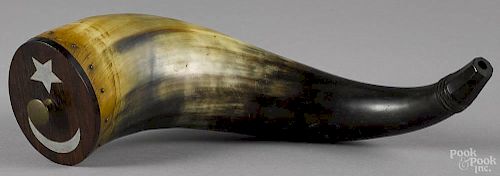 Antique powder horn with pewter moon and star inlayed end cap, 11 1/2'' l.