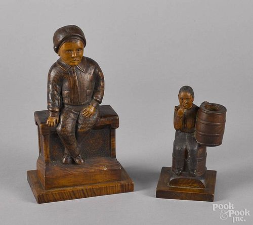 Pennsylvania carved tiger maple figure of a boy, signed on base Made by F. Fahringer March 1931