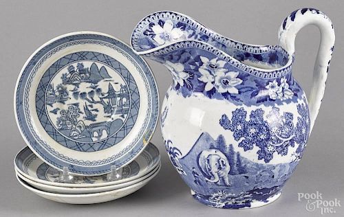 Blue Staffordshire pitcher, 19th c., with chinoiserie decoration