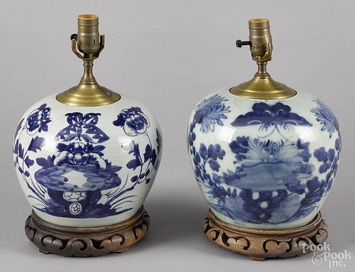 Pair of Chinese blue and white porcelain table lamps, porcelain - 9 1/2'' h.