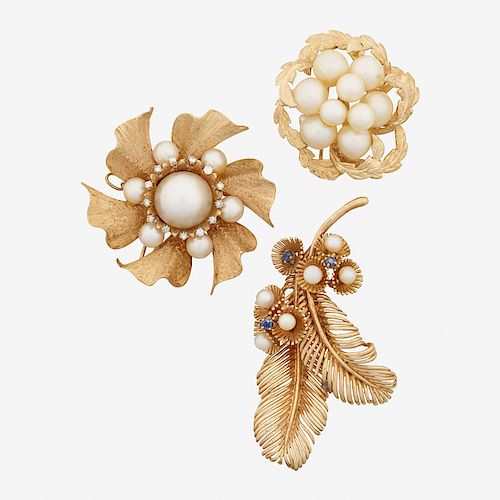 THREE PEARL & YELLOW GOLD BROOCHES
