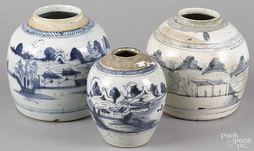 Three Qing dynasty Chinese blue and white porcelain ginger jars, 5 1/4'' h., 6'' h., and 6 1/4'' h.