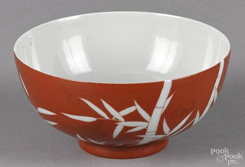 Japanese iron red porcelain bowl with bamboo decoration, 2'' h., 4 1/4'' dia.