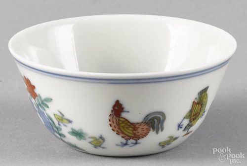 Chinese ducai porcelain bowl with rooster decoration, 1 1/2'' h., 3 1/4'' dia.