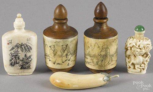 Pair of Japanese turned wood and carved ivory snuff bottles, ca. 1900, 3 1/2'' h.