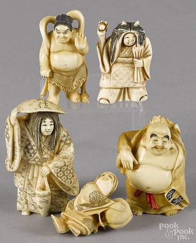 Five Japanese carved ivory netsuke, ca. 1900.
