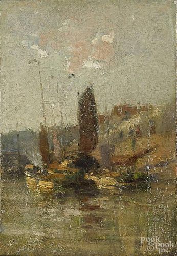 English oil on canvas impressionist harbor scene, late 19th c., 13'' x 9''.