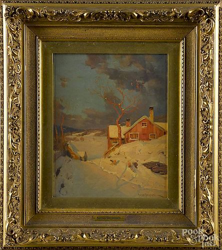 Svend Svendsen (American/Norwegian 1864-1945), oil on board winter landscape, signed lower right