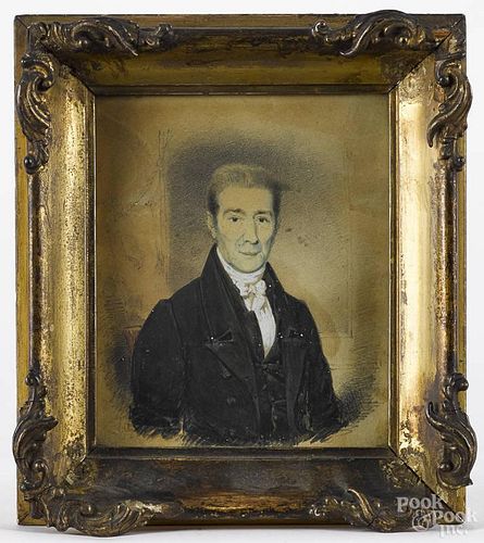 Watercolor and gouache portrait of a gentleman, 19th c., 6'' x 5''.