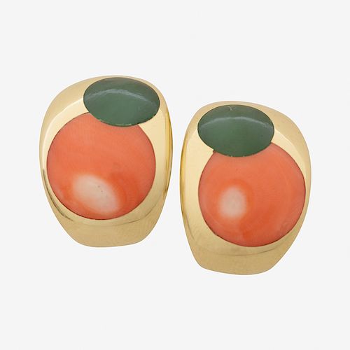 CORAL, JADE & YELLOW GOLD EARRINGS