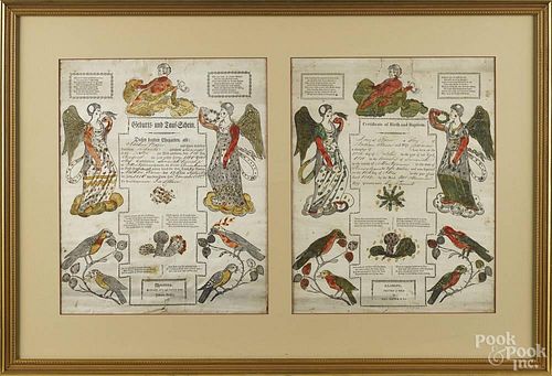 Two Pennsylvania printed and hand-colored fraktur, by Ritter, 15 1/2'' x 12 1/2''.