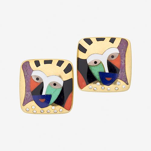 ASCH GROSSBARDT FIGURAL INLAID YELLOW GOLD EAR CLIPS