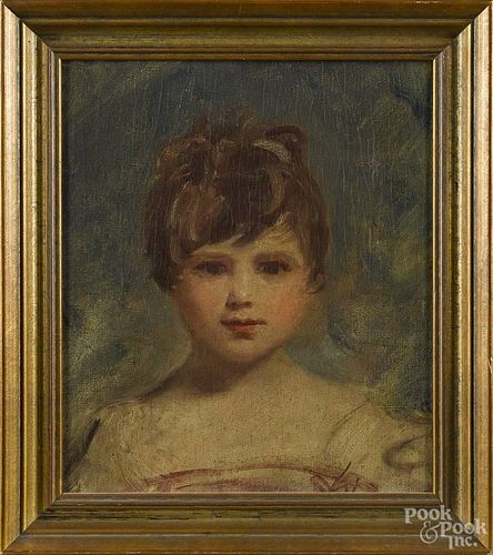 Oil on canvas portrait of a child, in the manner of John Hoppner, 15'' x 12 1/4''.