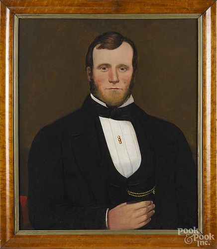 New England oil on canvas portrait of a gentleman, mid 19th c., 27'' x 23''.