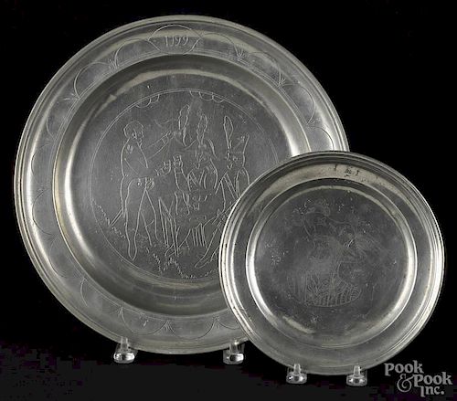 Swiss pewter charger, ca. 1785, engraved with three men in military dress, dated 1799