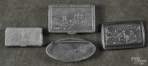 Three English pewter embossed snuff boxes, early 19th c., one reading Take your tythe
