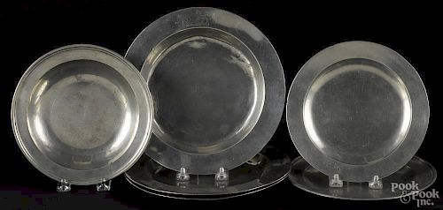 Three English pewter marriage plates, bearing the mark of Thomas Compton, ca. 1800, 9 1/2'' dia.