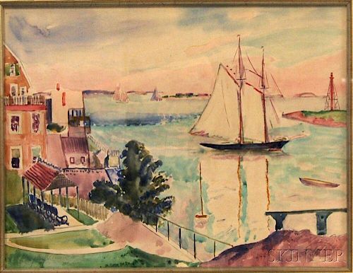 Hayley Lever (American, 1875-1958)      Harbor View with Ship Under Sail.