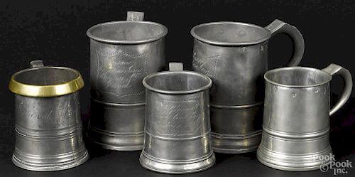 Pair of English pewter quart mugs, by C. Bentley, ca. 1835, inscribed with a shield and J. Bacon