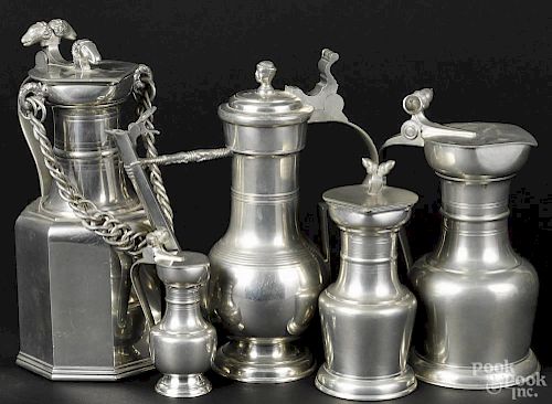 Swiss pewter flagon, 20th c., with an octagonal body, ram's head finials, and chain