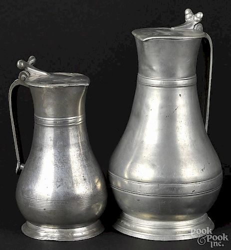 Channel Islands pewter double-quart flagon, ca. 1750, Guernsey type, bearing the mark of A. Carter