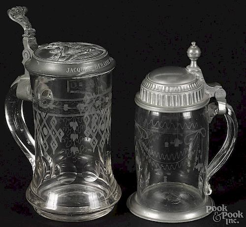 Two German or Swiss pewter topped etched glass steins, 18th/19th c.