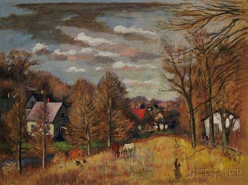 Simka Simkhovitch (Russian/American, 1893-1949)      Autumn View of Farm with Horses.